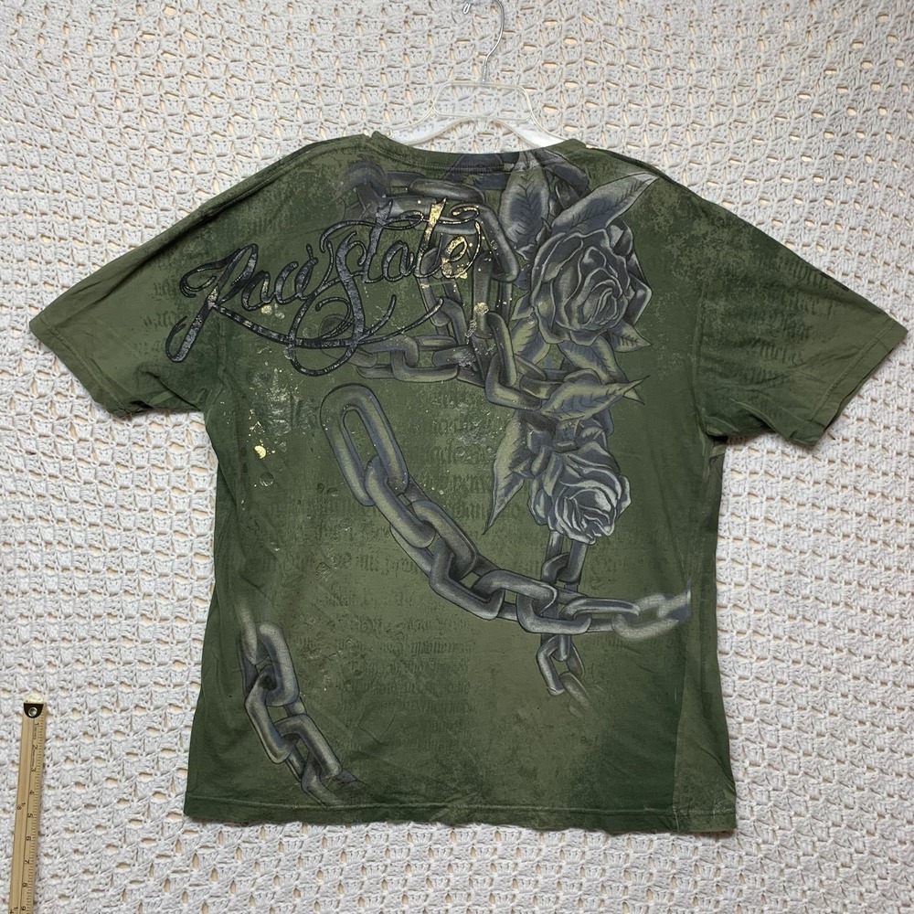 Raw State Affliction T-Shirt Olive Green Men 2XL Skull Crown‎ Flowers 100%Cotton - Picture 4 of 8